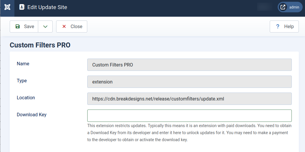 Update sites > Custom Filters